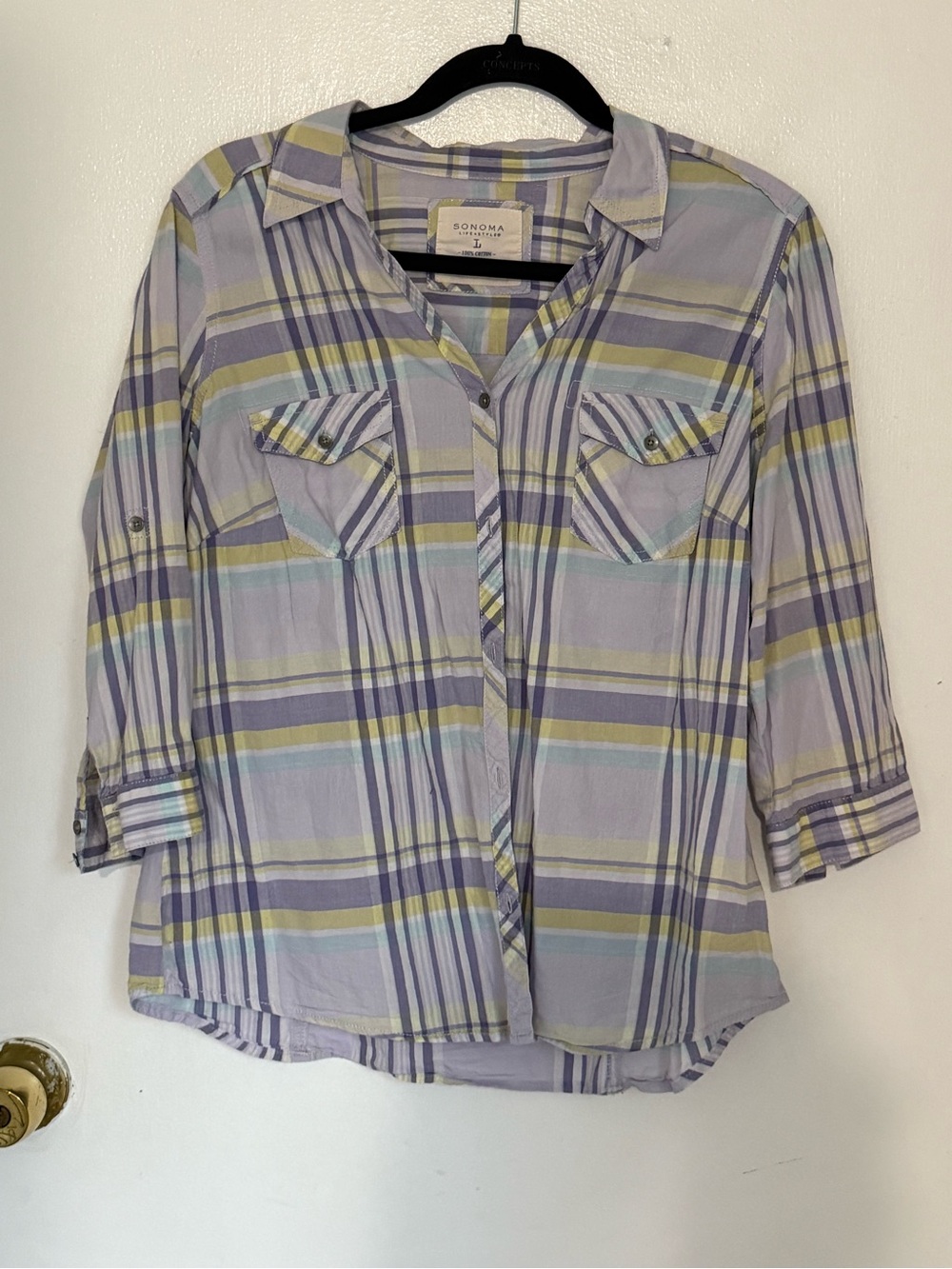 Sonoma Life + Style Plaid Cotton Button Down Shirt in Purple & Green Size Large